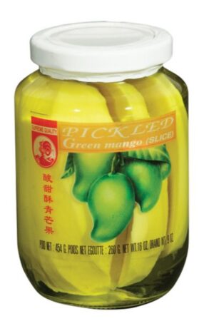 Pickled Green Mango, Sliced </br></br><span id= "product"> 24 x 16 oz </br> Glass Jar </br> PF005 </br> COCK</span>